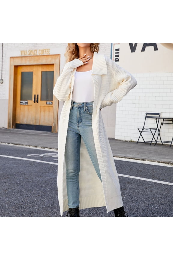 Womens White Long Knit Cardigan - Cozy Polyester Spandex Stretch, Oversized Maxi Open-Front, Ribbed Cuff, S-XXXL for Spring/Autumn,Size L