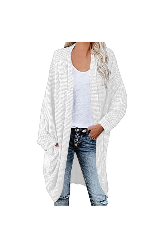 Womens White Oversized Waffle Knit Cardigan - Soft Acrylic Open-Front with Pockets for Spring & Fall Casual Layering,Size 2XL