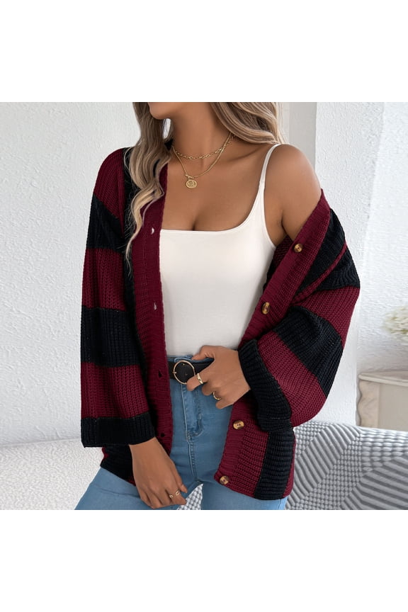 Womens Wine Striped Cardigan - Premium Acrylic Soft Cozy, Open Front with Decorative Buttons, Relaxed Fit S-XL for Spring Fall Casual Layering,Size XL
