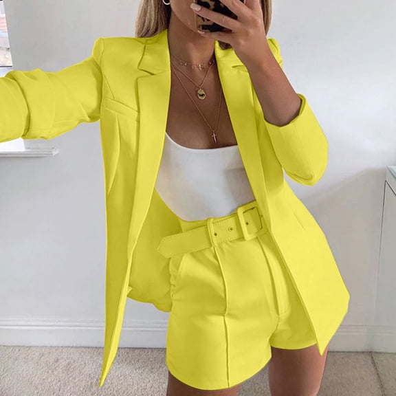 Trushirts Womens Yellow Blazer - Polyester Spandex Stretch, Structured Shoulders & Tailored Fit, Machine Washable for Office/Casual, All-Day Comfort,Size L