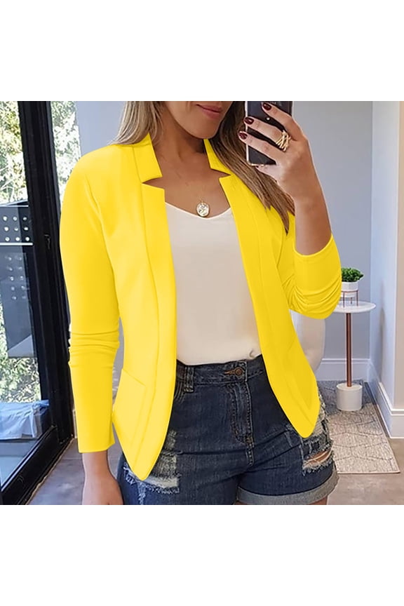 Womens Yellow Open-Front Blazer - Stretchy 95%Polyester 5%Spandex, S-XXXXXL Plus Size with Side Pockets, Lightweight Office & Casual Use,Size M