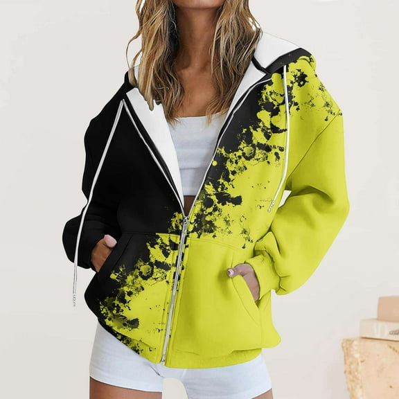 Trushirts Womens Yellow Oversized Zip Up Hoodie - Polyester with Artistic Color Splash Print & Kangaroo Pockets, S-XXXL for Casual Daily Wear/Layering,Size M