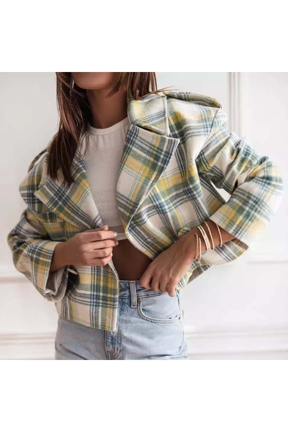 Trushirts Womens Yellow Plaid Cropped Jacket - 100% Polyester, Oversized Collar & Relaxed Fit, Wrinkle-Resistant Casual Outerwear for Spring Fall,Size S