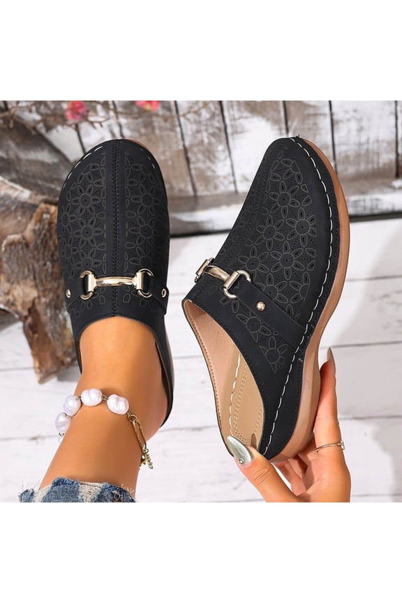 Backless Black Flock Mules for Women - Slip-on Casual Shoes with Metal Buckle & Floral Cut-out, Comfortable All-Day Footwear for Errands & Home,Size 39