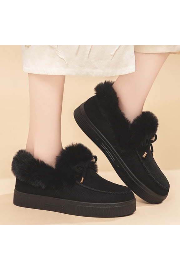 Trushoes Black Faux Fur Collar Warm Shoes for Women, Fleece Lined Soft Flock Lace-Up, Non-Slip Platform Casual Shoes for Autumn Winter, US Size 5.5-10.5,Size 36