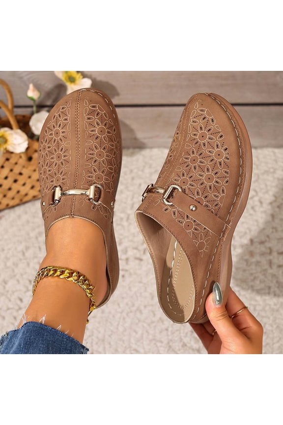 Comfortable Brown Flock Mules for Women - Backless Slip-on Shoes with Floral Cut-out & Metal Buckle, Casual All-Day Footwear for Home & Errands,Size 37