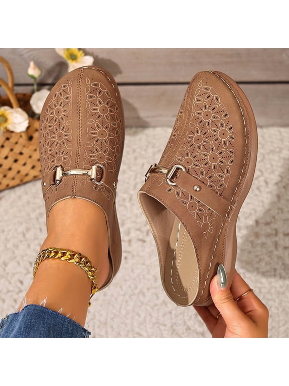 Comfortable Brown Flock Mules for Women - Backless Slip-on Shoes with Floral Cut-out & Metal Buckle, Casual All-Day Footwear for Home & Errands,Size 39