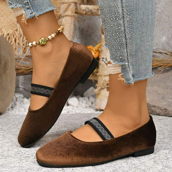 Trushoes Comfortable Brown Mary Jane Flats - Womens Flock Velvet-Like Shoes with Sparkle Strap, Round Toe & Flat Sole for Daily Wear & Office,Size 43
