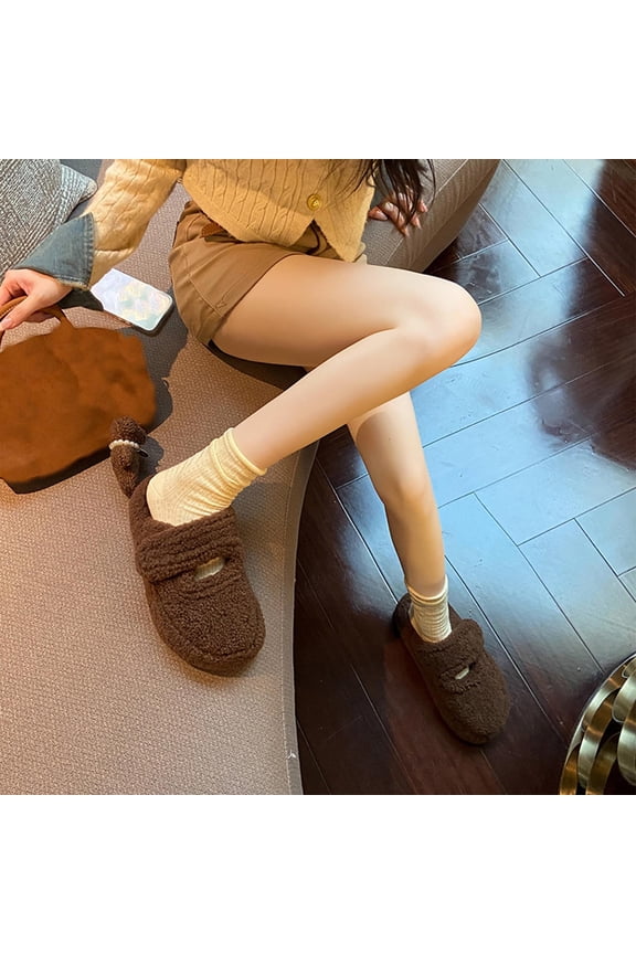 Cozy Plush Coffee Slippers for Women - Non-Slip Closed Toe, Adjustable Velcro Strap Indoor Outdoor Fuzzy Mule Ladies Slippers,Size 36