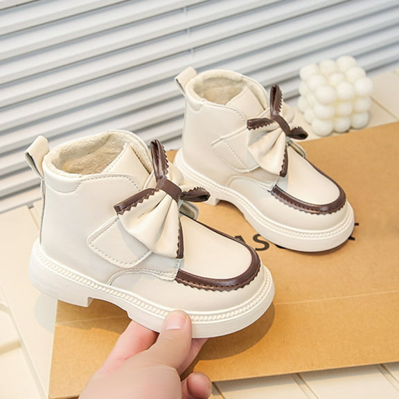 SYMSHOES Girls Ankle Boots, Warm Plush Lined Kids & Big Kid Boots with Bowknot, Hook and Loop Closure Beige PU Easy On/Off Water-Resistant Winter Shoes for 2-10.5 Years,Size 30