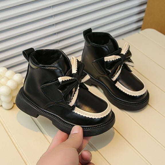 SYMSHOES Girls Black Ankle Boots, Warm Plush Lined Bowknot Boots, Hook and Loop Closure Easy On/Off Durable PU Winter Shoes for Kids & Big Kid 2-10.5 Years,Size 30