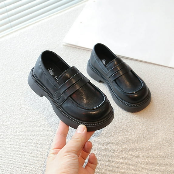 Trushoes Girls Black Slip On Loafers - PU Round Toe School Shoes, Easy Clean Durable for 3.5-10.5 Years,Size 33