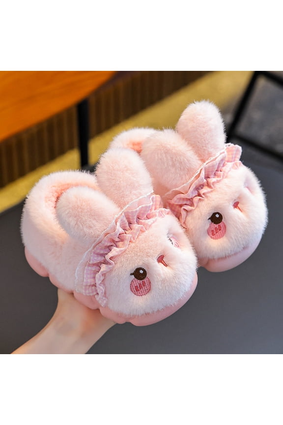 Girls Pink Bunny Plush Slippers - 100% Polyester Warm Anti-Slip Closed-Heel Indoor House Slippers for Kidss & Big Kids 2.5-12 Years,Size 24