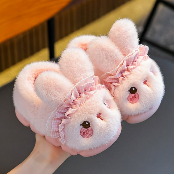 Girls Pink Bunny Plush Slippers - 100% Polyester Warm Anti-Slip Closed-Heel Indoor House Slippers for Kidss & Big Kids 2.5-12 Years,Size 30
