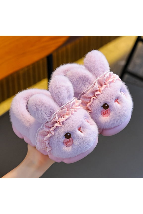 Girls Purple Fuzzy Bunny Slippers - 100% Polyester Warm Anti-Slip Closed-Heel Indoor House Slippers for Kidss & Big Kids 2.5-12 Years,Size 24