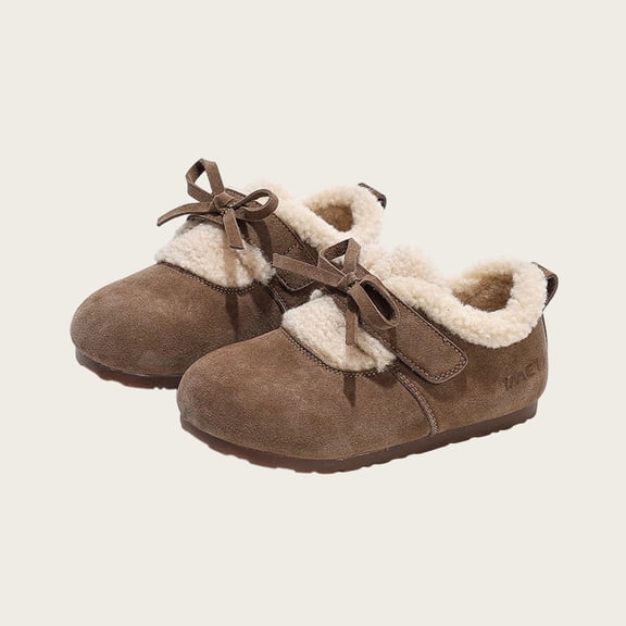 Girls Warm Plush Lined Shoes - Brown Bow Accent Kids Little Kid Winter Thermal Casual Shoes for 2-9 Years Old, Soft Flexible Sole Flock Upper,Size 31