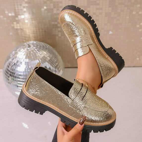 Gold Platform Loafers for Women - Vintage Retro Chunky Sole, Comfortable Textured PU Slip-On Shoes with Treaded Sole & Contrast Stitching for Daily Office Campus,Size 39