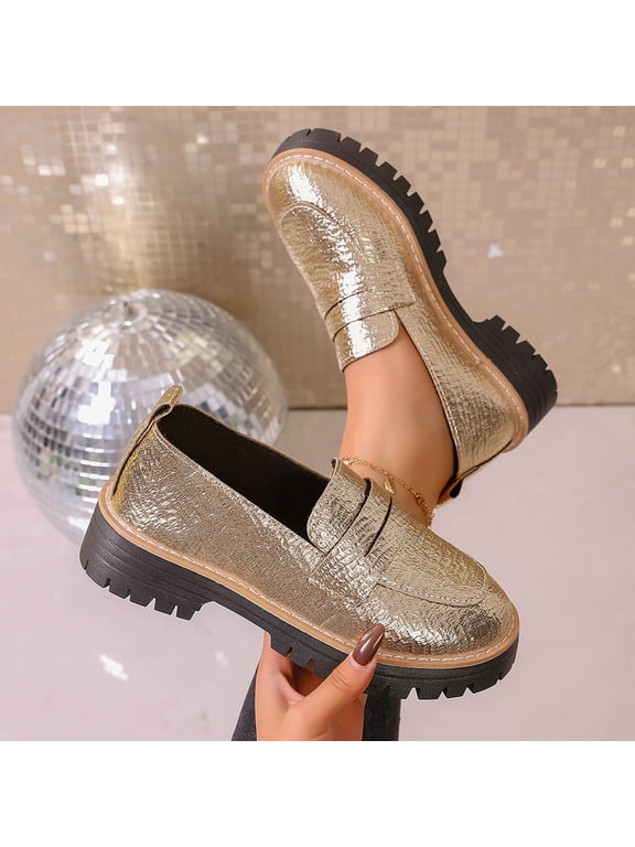 Gold Platform Loafers for Women - Vintage Retro Chunky Sole, Comfortable Textured PU Slip-On Shoes with Treaded Sole & Contrast Stitching for Daily Office Campus,Size 37