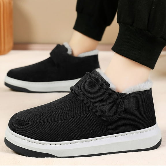 Mens Black Fleece Lined Casual Shoes - Velcro Closure Slip-On, All-Day Comfort Cushioned Sole, Slip-Resistant Low-Top Sneakers Warm for Fall Winter Indoor Outdoor,Size 43