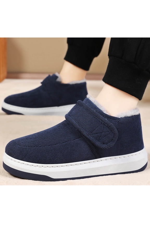 Trushoes Mens Dark Blue Fleece Lined Sneakers - Velcro Slip-On, Comfort Cushioned Sole, Slip-Resistant Winter Shoes,Size 42
