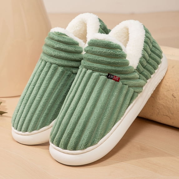SYMSHOES Non Slip Plush Lined Indoor Slippers - Unisex Closed Back Corduroy Shoes, Warm Cozy House Slippers for Men & Women, Green Color,Size 40