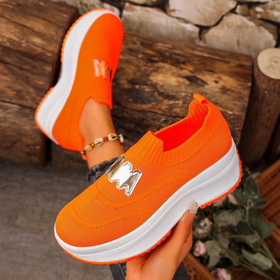 Orange Womens Platform Sneakers - Slip On Breathable Mesh, Chunky Non-Slip Sole, Height Boost Comfortable Athleisure Shoes for Daily Casual Wear (US 5-10),Size 43