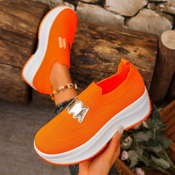 Orange Womens Platform Sneakers - Slip On Breathable Mesh, Chunky Non-Slip Sole, Height Boost Comfortable Athleisure Shoes for Daily Casual Wear (US 5-10),Size 42