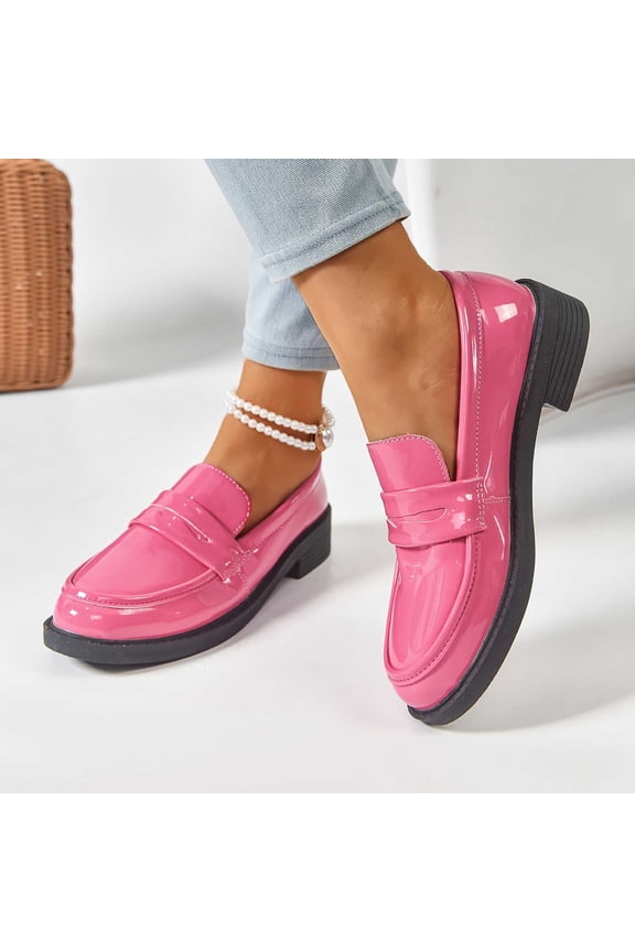 Pink Patent Faux Leather Slip-on Loafers for Women - Low Block Heel with Cushioned Insole, Comfortable Daily & Office Wear Female,Size 38