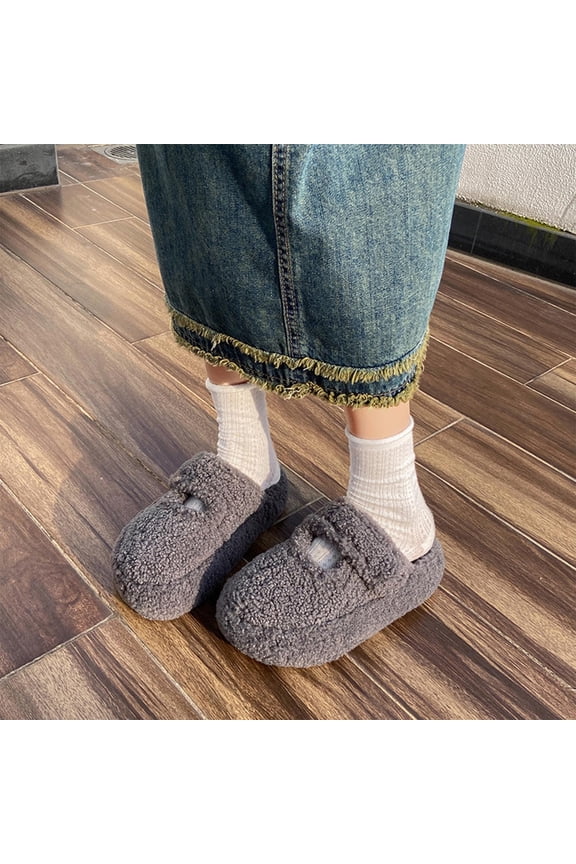 Plush Gray Slippers for Women - Non-Slip Closed Toe, Adjustable Velcro Strap, Indoor Outdoor Fuzzy Cozy Mule Ladies Slippers,Size 37