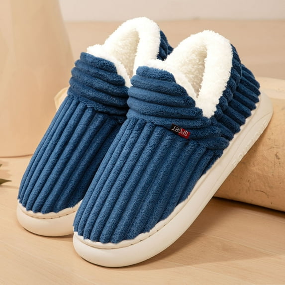 SYMSHOES Plush Lined Non Slip House Slippers - Unisex Closed Back Corduroy Shoes, Warm Cozy Indoor Slippers for Men & Women, Navy Color,Size 42
