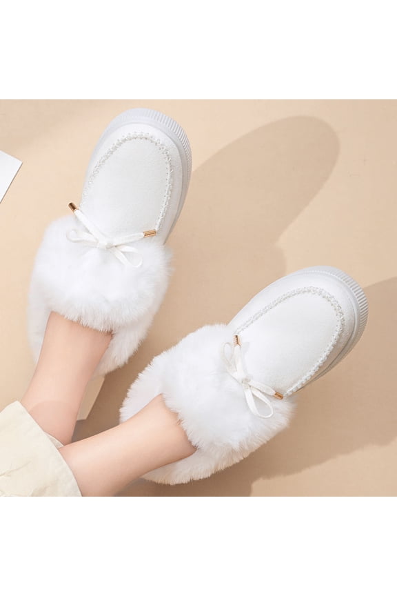 Plush Lined Warm White Womens Casual Shoes - Faux Faux Fur Collar Flock Bow Tie Platform Sole Wide Fit (36-43) Cozy Daily Wear,Size 42