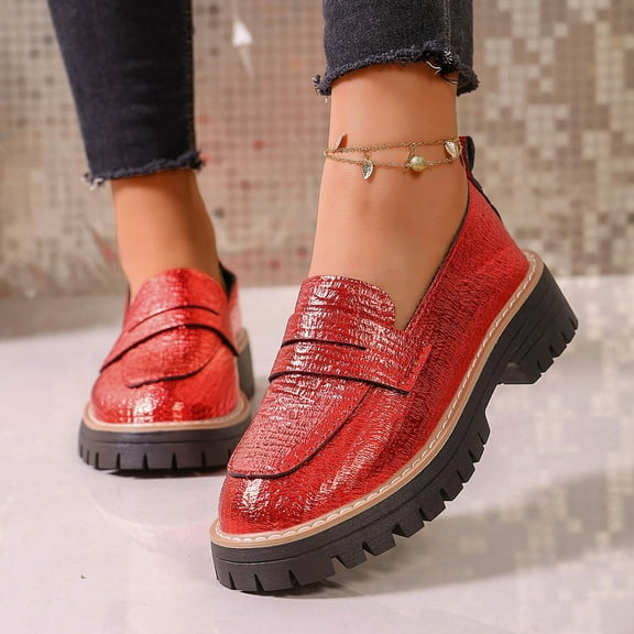 Red Platform Loafers for Women - Vintage-Inspired Chunky Sole, Comfortable Easy-Care Textured PU Slip-On Shoes with Treaded Sole for Daily Office Campus,Size 40