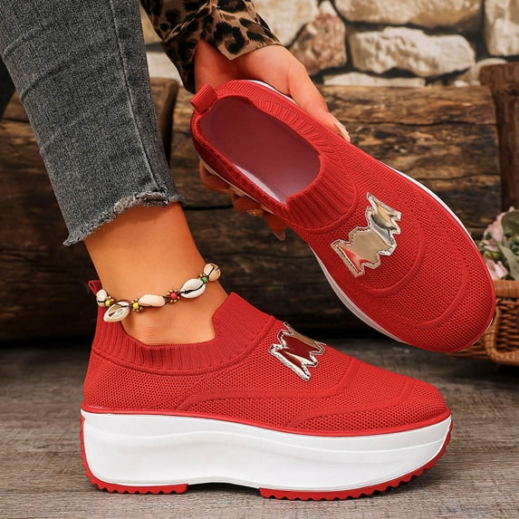 Red Womens Slip On Platform Sneakers - Breathable Mesh Upper, Chunky Non-Slip Sole, Height Boost Comfortable Athleisure Shoes for Daily Casual (US 5-10),Size 38