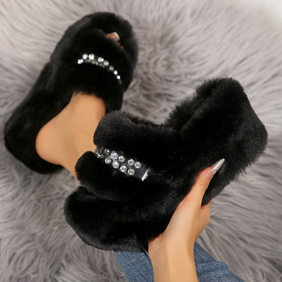 Rhinestone Embellished Womens Fuzzy Platform Slide Sandals - Black Open-Toe Plush Indoor Outdoor Slippers US Size 5.5-9.5,Size 42