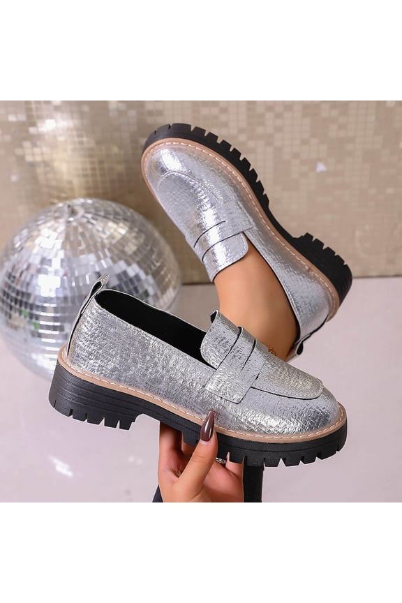 Silver Platform Loafers for Women - Vintage Retro Chunky Treaded Sole, Comfortable Textured PU Slip-On Shoes, Easy-Care for Daily Campus Office,Size 42
