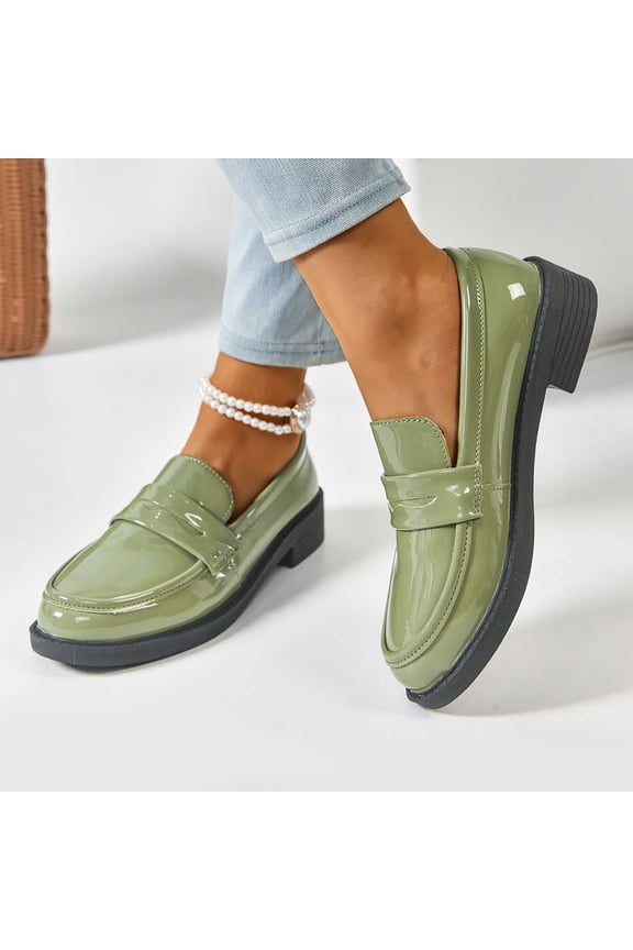 Slip-on Womens Green Patent Faux Leather Loafers - Low Block Heel with Cushioned Insole, Comfortable Daily & Office Wear for Female,Size 42