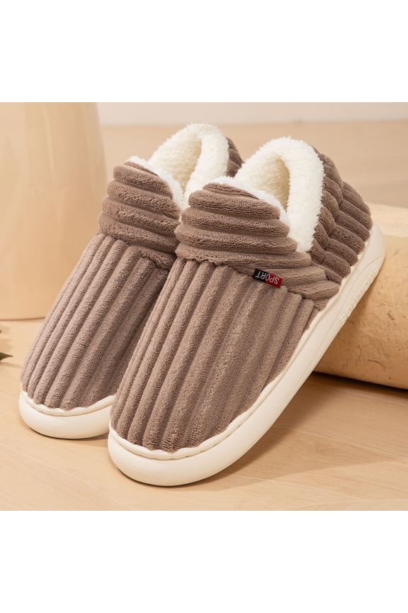 Unisex Closed Back House Slippers - Plush Lined Non Slip Corduroy Slippers, Warm Cozy Indoor Shoes for Men & Women, Coffee Color,Size 36