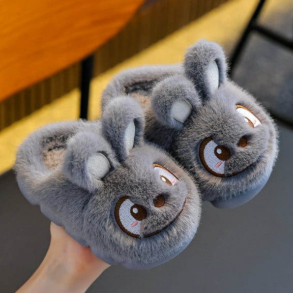 SYMSHOES Unisex Gray Fuzzy Cartoon Animal Kids Indoor Slippers - 100% Polyester Warm Anti-Slip Closed-Toe House Slippers for Kids 3-12 & Small Adults,Size 38