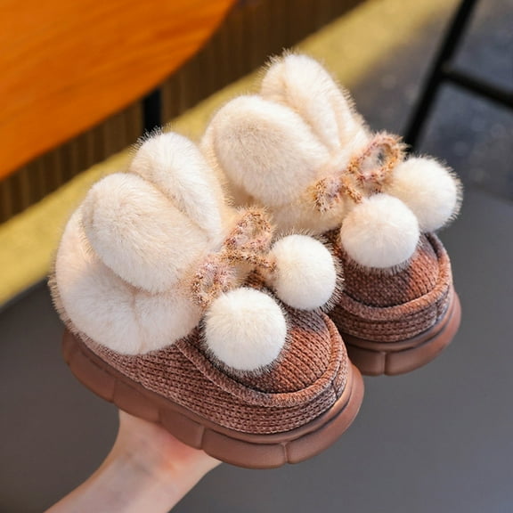 SYMSHOES Unisex Warm Fluffy Bunny Ear Slippers Coffee - 100% Polyester Cozy Kids Footwear with Pom Poms Durable Sole for Kidss & Kids 2.5-11 Years,Size 35