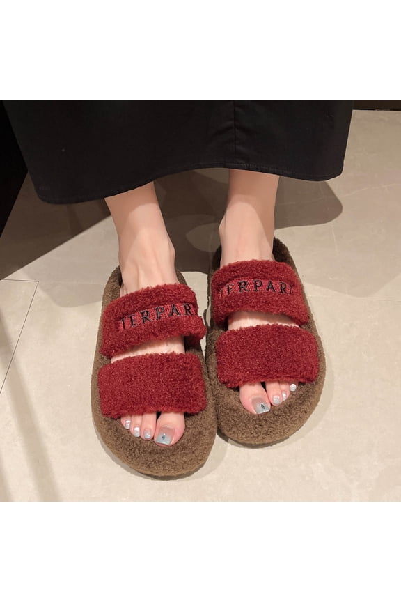 Warm Comfortable Womens Red Plush Double Strap Slippers - Platform Sole Letter Embroidery, Nylon Spandex Indoor Outdoor House Shoes,Size 40