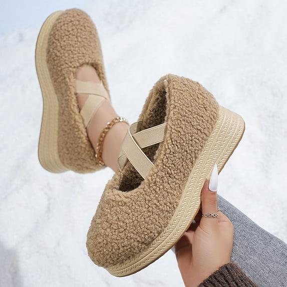 Warm Fuzzy Mary Jane Shoes for Women, Khaki Plush Upper with Crisscross Straps, Woven Platform Comfort Shoes US 5.5-9,Size 42