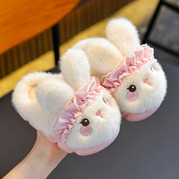 SYMSHOES White Plush Bunny Slippers for Girls - 100% Polyester Warm Embroidered Soft Sole Indoor Footwear for Kids 2.5-12 Years,Size 34