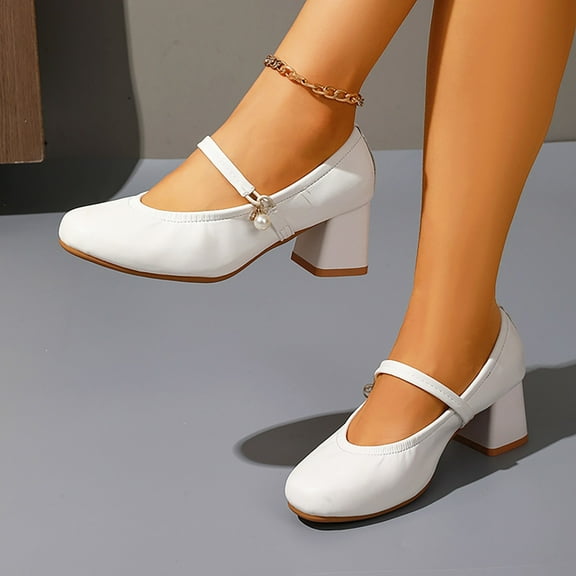 SYMSHOES White Retro Mary Jane Shoes for Women - Chunky Block Heel Square Toe Pearl Strap PU Comfortable Footwear for Daily Casual & Office Wear,Size 38