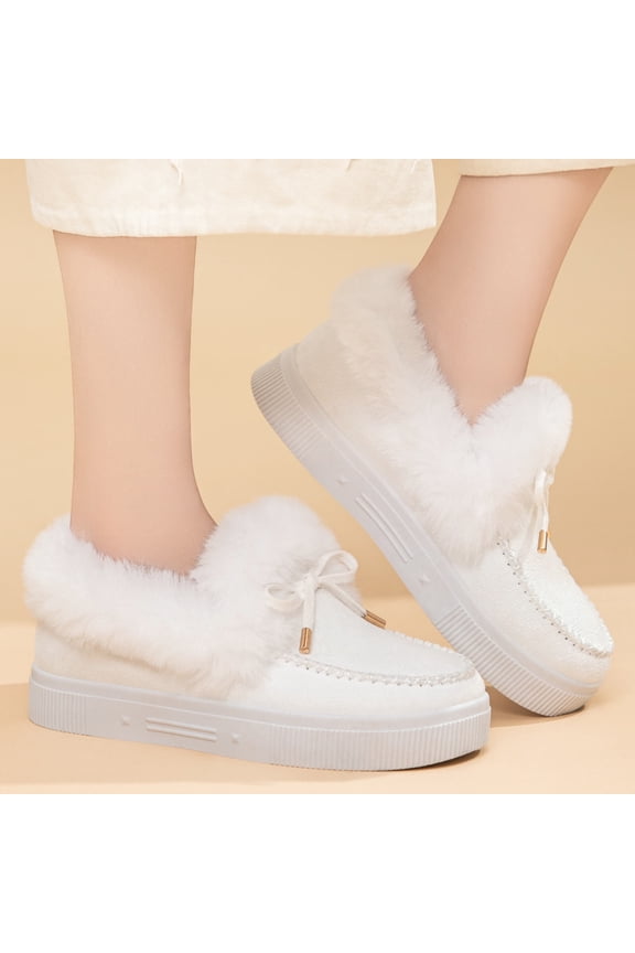 White Warm Soft Flock Shoes for Women - Faux Fur Collar Fleece Lined Lace-Up, Non-Slip Platform Casual Shoes for Autumn Winter, US Size 5.5-10.5,Size 36