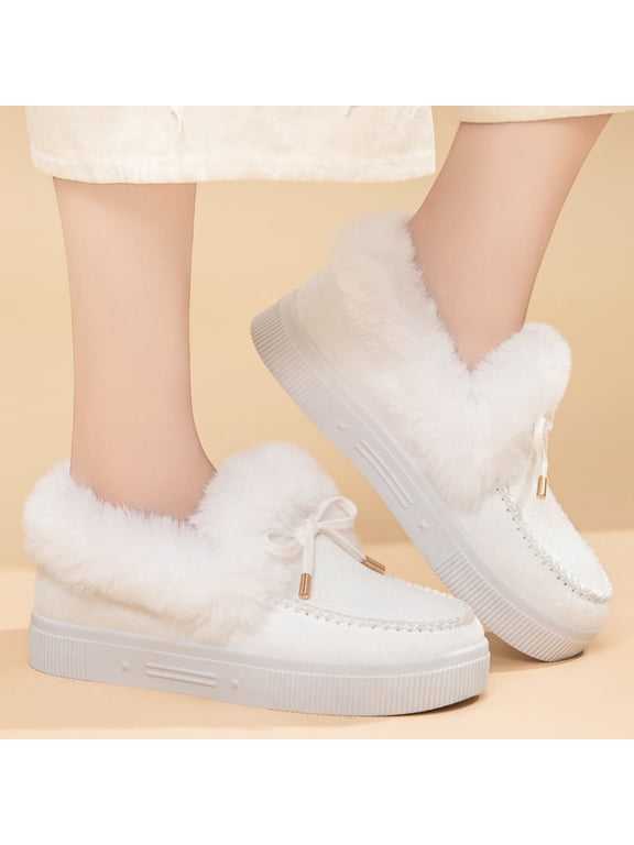 White Warm Soft Flock Shoes for Women - Faux Fur Collar Fleece Lined Lace-Up, Non-Slip Platform Casual Shoes for Autumn Winter, US Size 5.5-10.5,Size 42