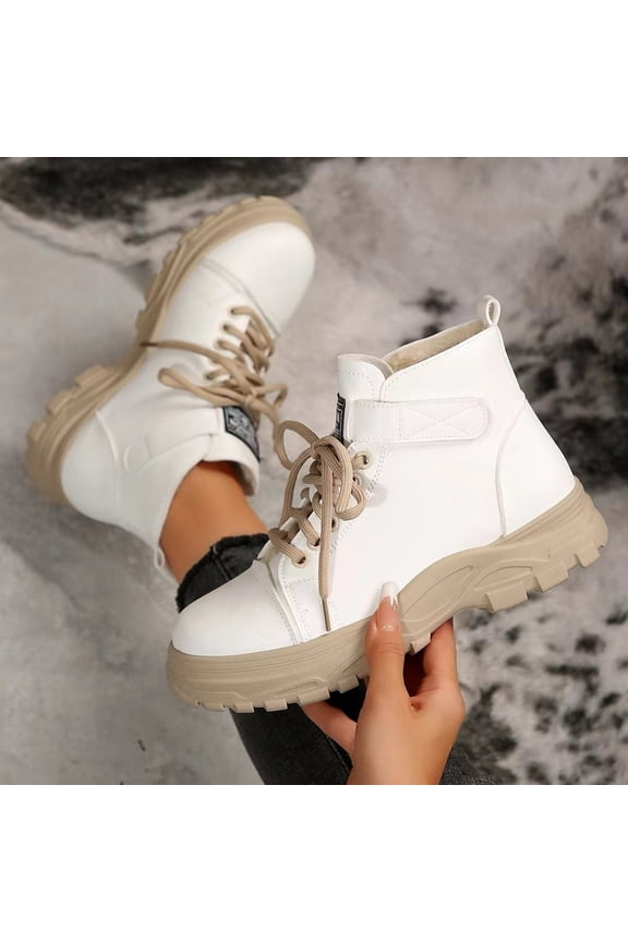White Women's Combat Ankle Boots - Size 41 (US 10), Vegan Leather Chunky Sole - Lace-Up, Comfortable, Water-Resistant for All Occasions