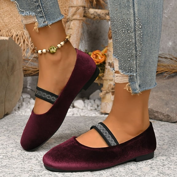 Wine Mary Jane Flats for Women - Soft Flock Velvet-Like Shoes with Sparkle Strap, Round Toe & Comfortable Flat Sole for Casual Dates & Daily Wear,Size 38