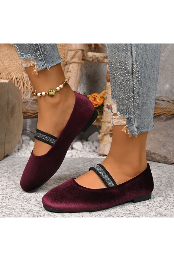 Wine Mary Jane Flats for Women - Soft Flock Velvet-Like Shoes with Sparkle Strap, Round Toe & Comfortable Flat Sole for Casual Dates & Daily Wear,Size 38