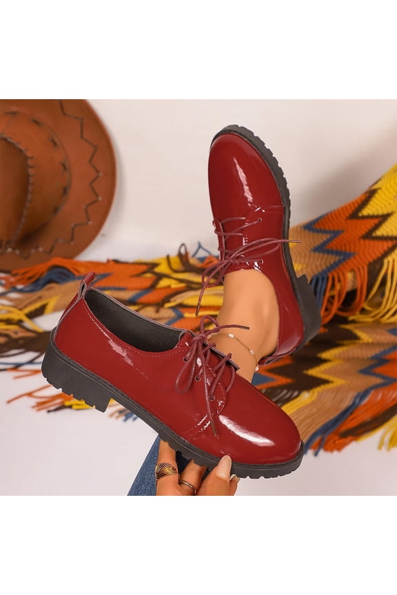 Wine Red Womens Oxford Shoes, Patent PU Lace-Up Low Block Heel Shoes, Comfortable Rounded Toe Non-Slip Vintage Oxfords for Work Campus Daily, US Size 5-11,Size 42