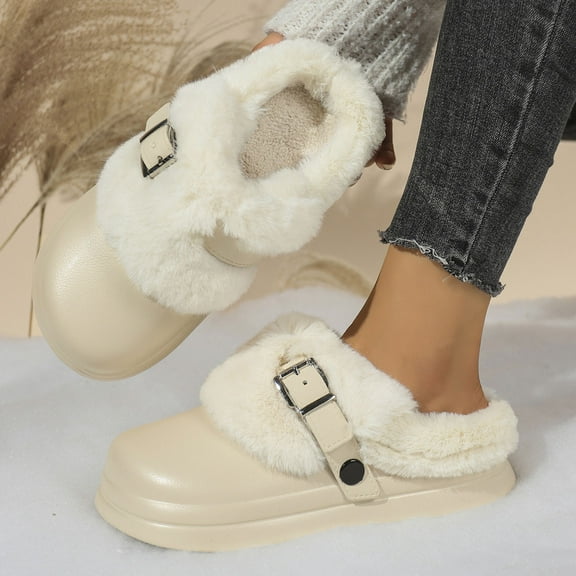 Womens Beige Faux Faux Fur Slide Sandals - Warm Lined with Adjustable Buckle, Lightweight EVA Platform Sole, Cozy Winter Casual Footwear,Size 40